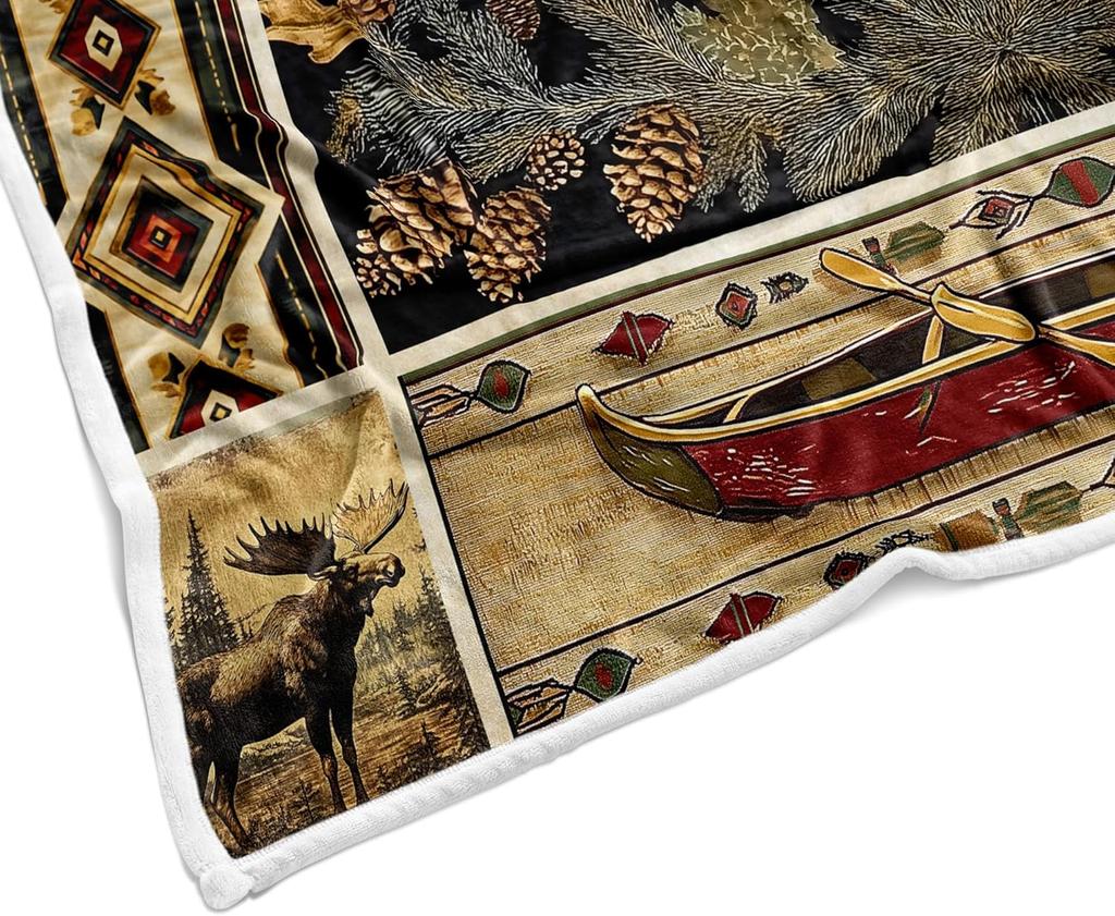 Rustic Throw Blankets, Brown Cabin Country Antique Bear Moose Forest Vintage Wood Cozy Warm Bed Couch Blanket, Farmfouse Loge Hu