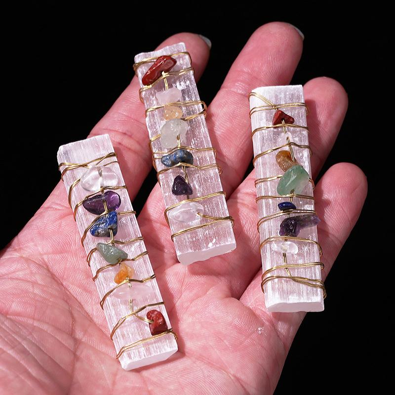Natural Selenite Stick Wire Wrapped 7 Chakra Stones Healing Rock Stone Specimen
