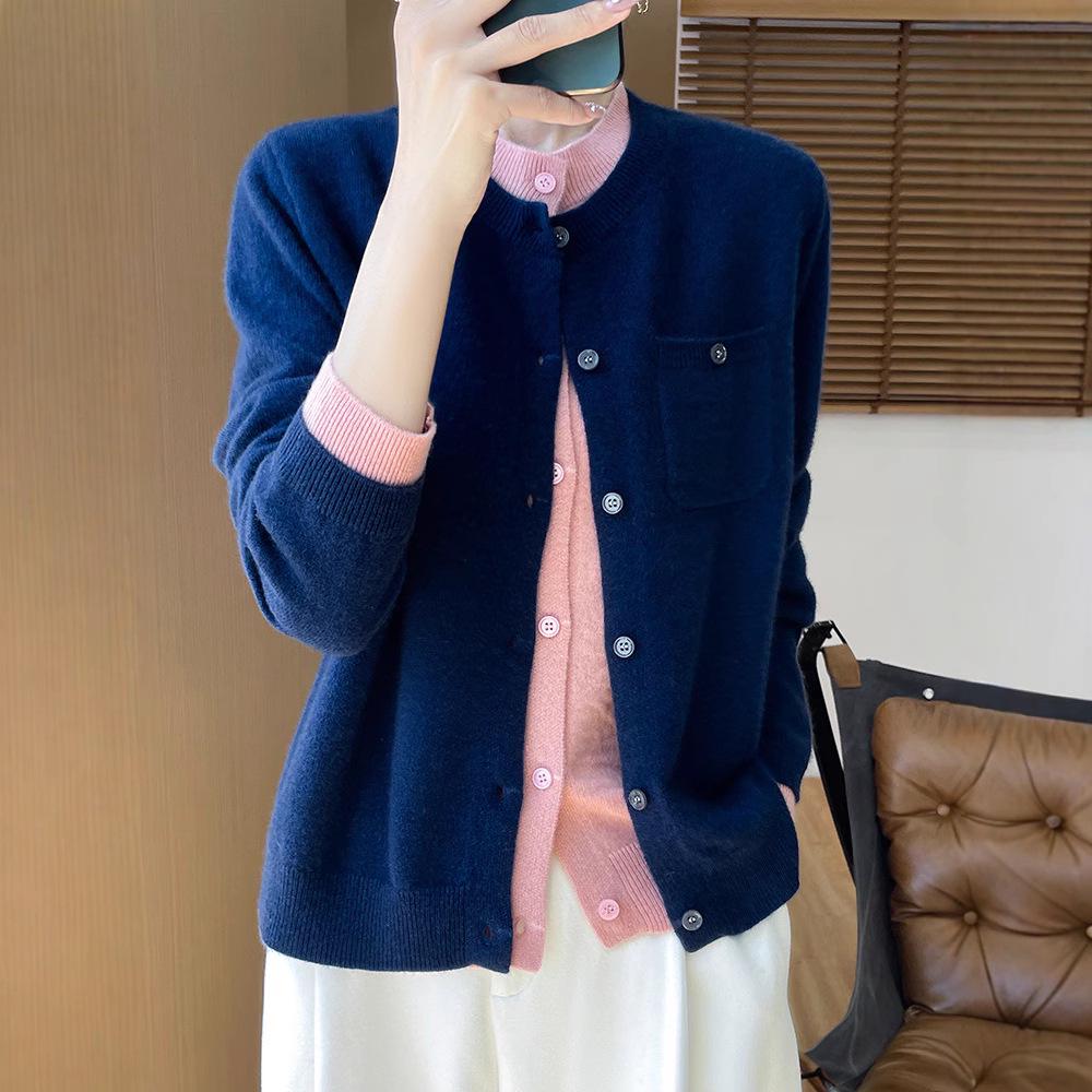 Women's 100% Wool Cardigan, Fake Two-Piece, Slimming Round Neck, Lazy Style Sweater Coat for Spring & Autumn