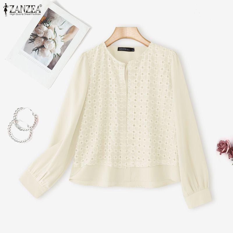 ZANZEA Women Casual Turn Down Collar Long Sleeve Embroidery Splice Fake Two-piece Blouse