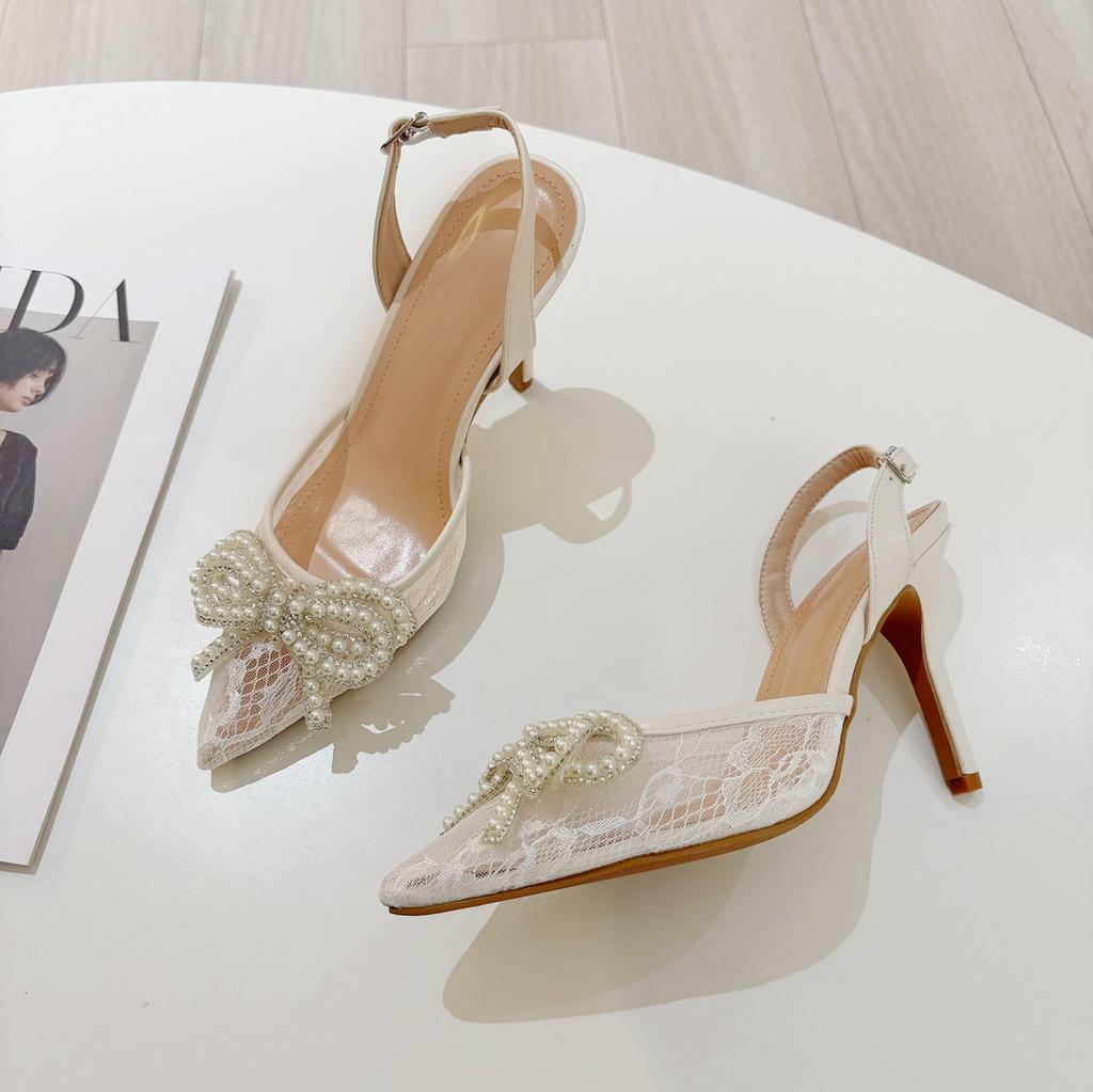 Fashion New Spring 2025 White High-Heeled Women'S Pearl Bow Lace Pointed Toe Sexy And Versatile Sandals