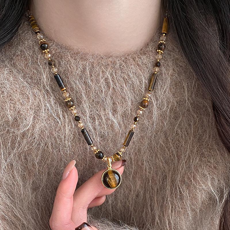 18k Real Gold Geometric Beaded Tiger's Eye Necklace Accessories Women's Sweater Chain Necklace