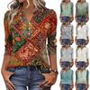 Women's Fashionable Casual Retro Floral V,Neck Decorative Button Three,Quarter Sleeve T,Shirt Top