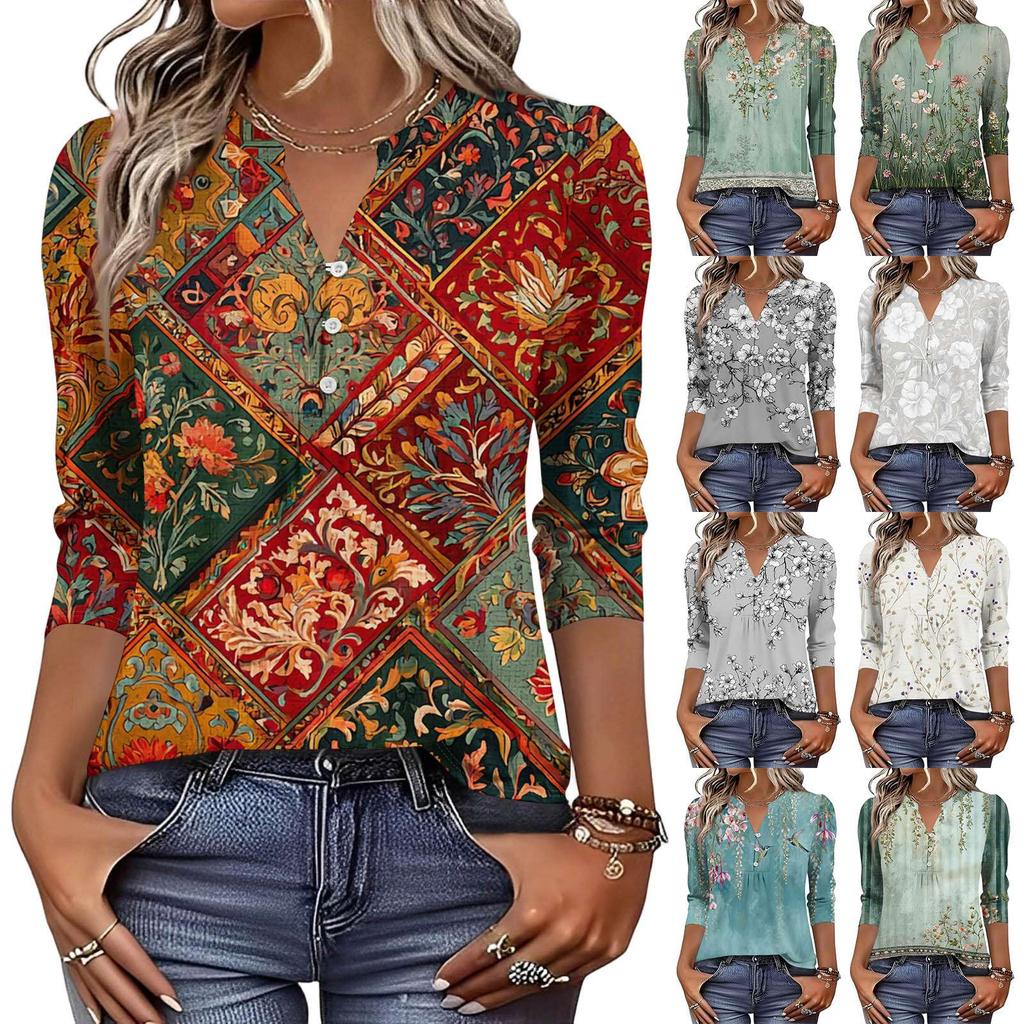 Women's Fashionable Casual Retro Floral V-Neck Decorative Button Three-Quarter Sleeve T-Shirt Top