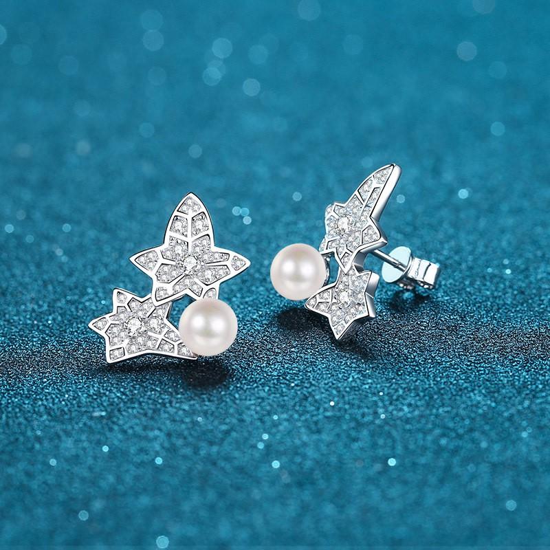 Sterling Earrings Women With 6-7mm Freshwater Pearl 68-Facet Moissanite Floral Leaf Design