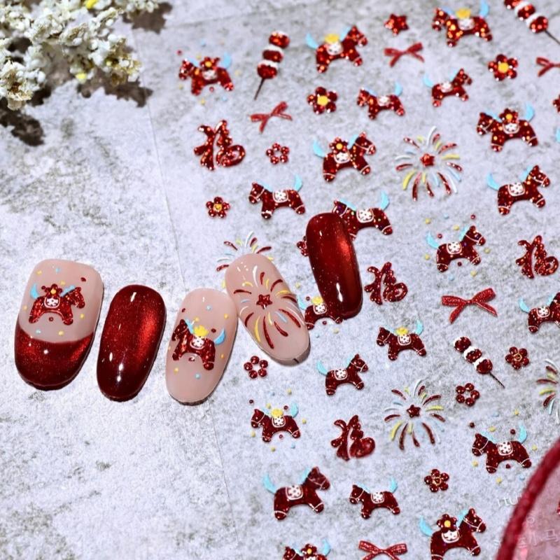1pc Year Of The Horse New Year Nail Stickers Cartoon Red Pony Fortune Lucky Cat Manicure Decals DIY Nail Art Decoration