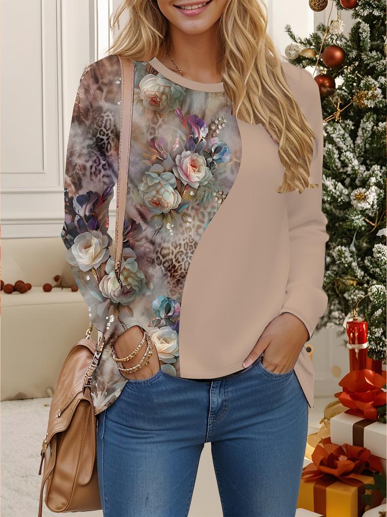 Oberteile für Damen 3D-Druck Rundhals Langarm-T-Shirt Herbst Lässig Slim Pullover Damen Langarm-Oberteil