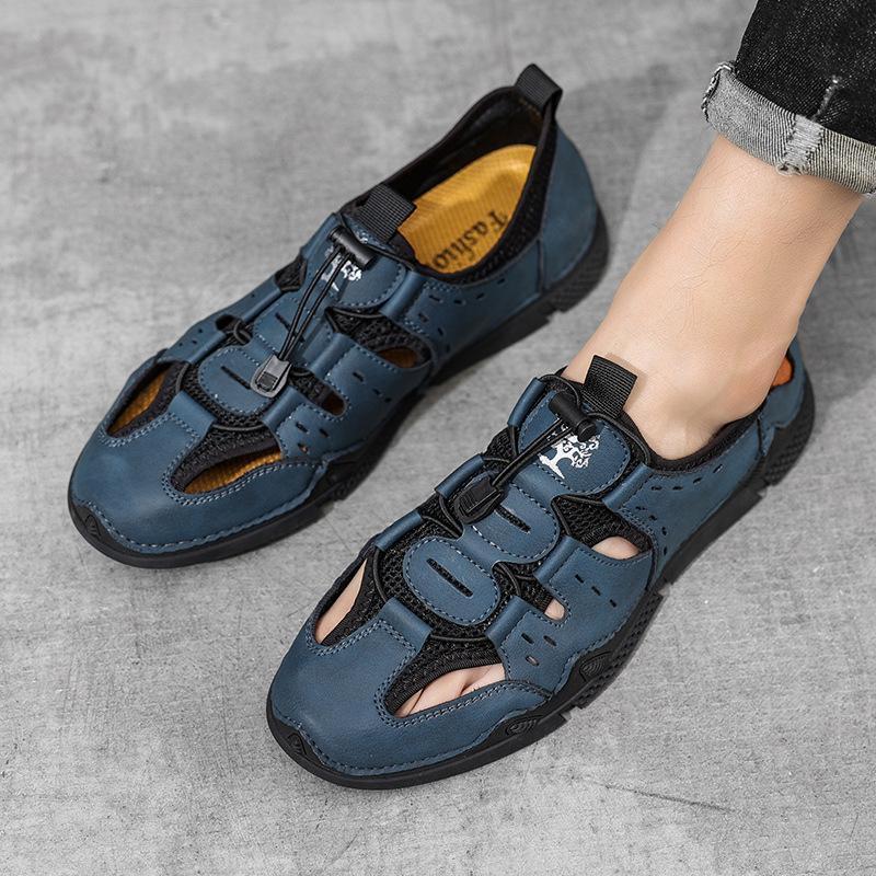 Men's Leather Sandals Summer New Breathable Soft Bottom Slip-on Leisure Driving Non-Slip Hollow Trendy Beach Shoes