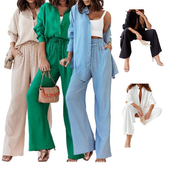 2 Piece Outfits for Women Long Sleeve Button Down Shirts And Wide Leg Pants Sets Casual Tracksuit Loungewear