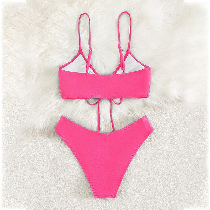 2025 European and American Solid Color Lace-Up Split Swimsuit - Women's Summer Beach Bikini & Hot Spring Swimwear