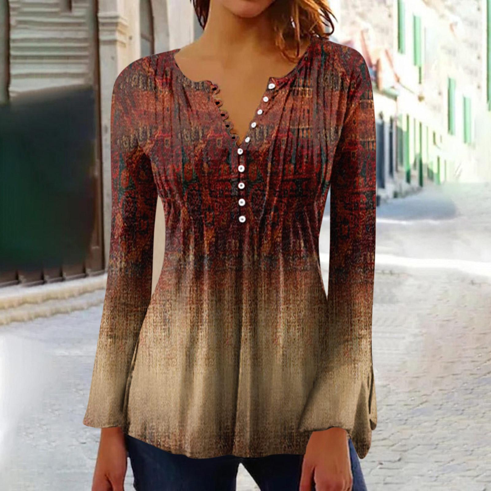 

Жіночі принтовані рукави-дзвіночки, гудзики, комір і ґудзики, принтовані довгі рукави, святкова основа, туніка, тонкі топи, етнічні топи, літні футболки з принтом XXL коричневий