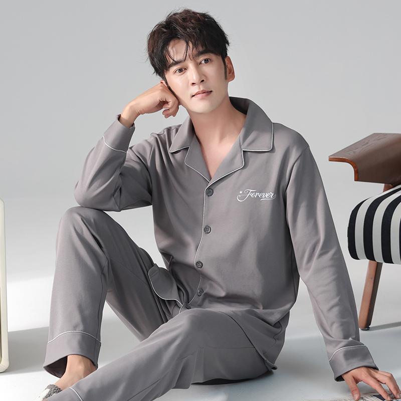 

Повседневная мужская пижама из хлопка, ночная рубашка, осенне-весенний домашний костюм для джентльмена, отложной воротник, пижама для мальчиков, пижама для мужчин, хлопок XXXL for 85-95kg