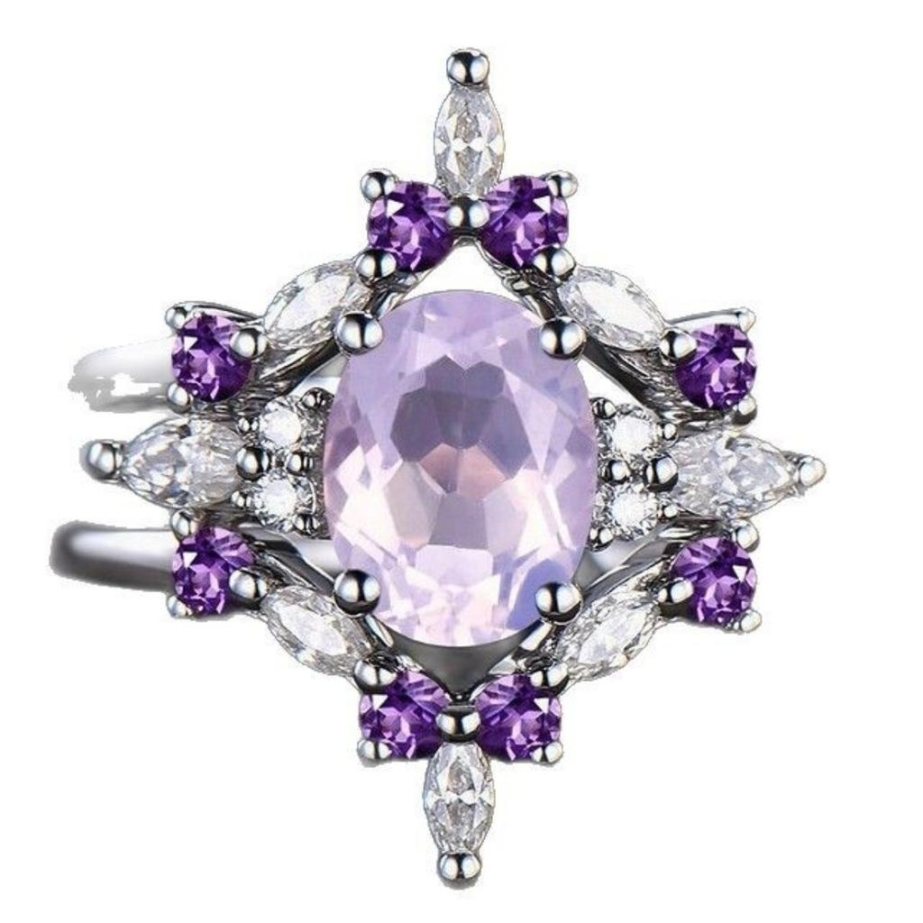 Luxury New European Beautiful Women's Three-piece Ring Inlaid Amethyst Zircon Ring Wedding Engagement Jewelry