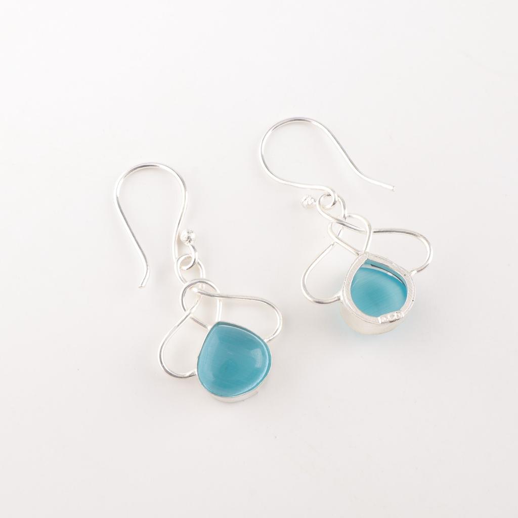Blue Cat's Eye Gemstone 925 Stamped Silver Jewelry Handmade Hook Earrings 1.50" EE-2-43