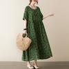 Real shot summer new literary large size loose printing round neck short sleeve dress women's long dress