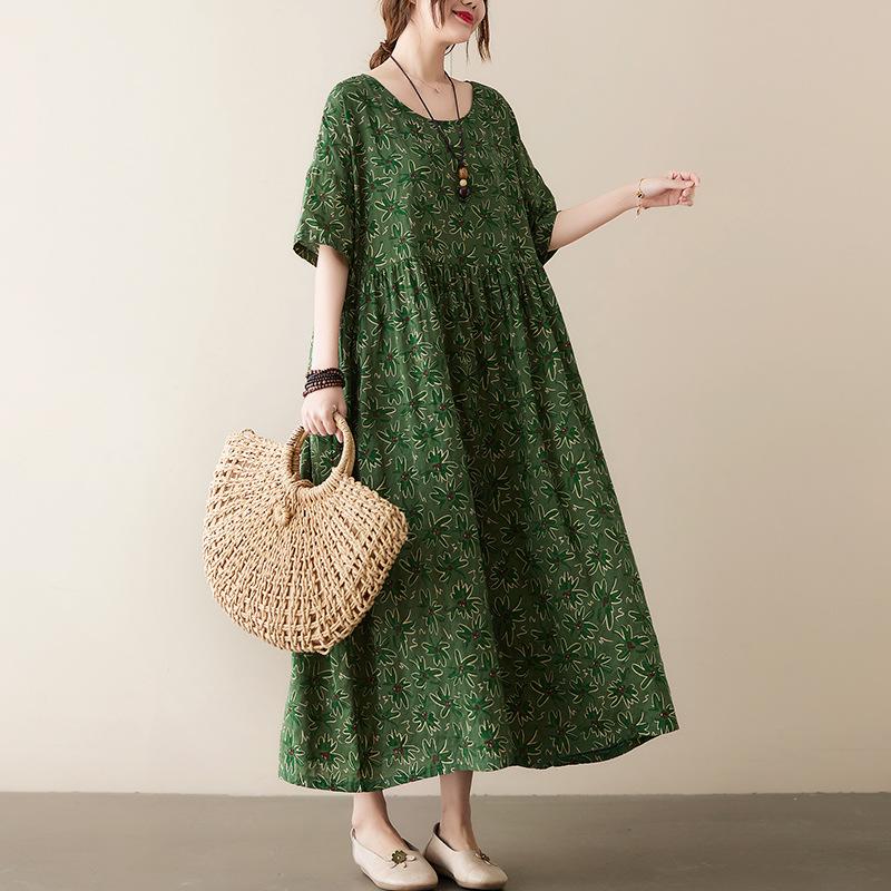 Real shot summer new literary large size loose printing round neck short sleeve dress women's long dress