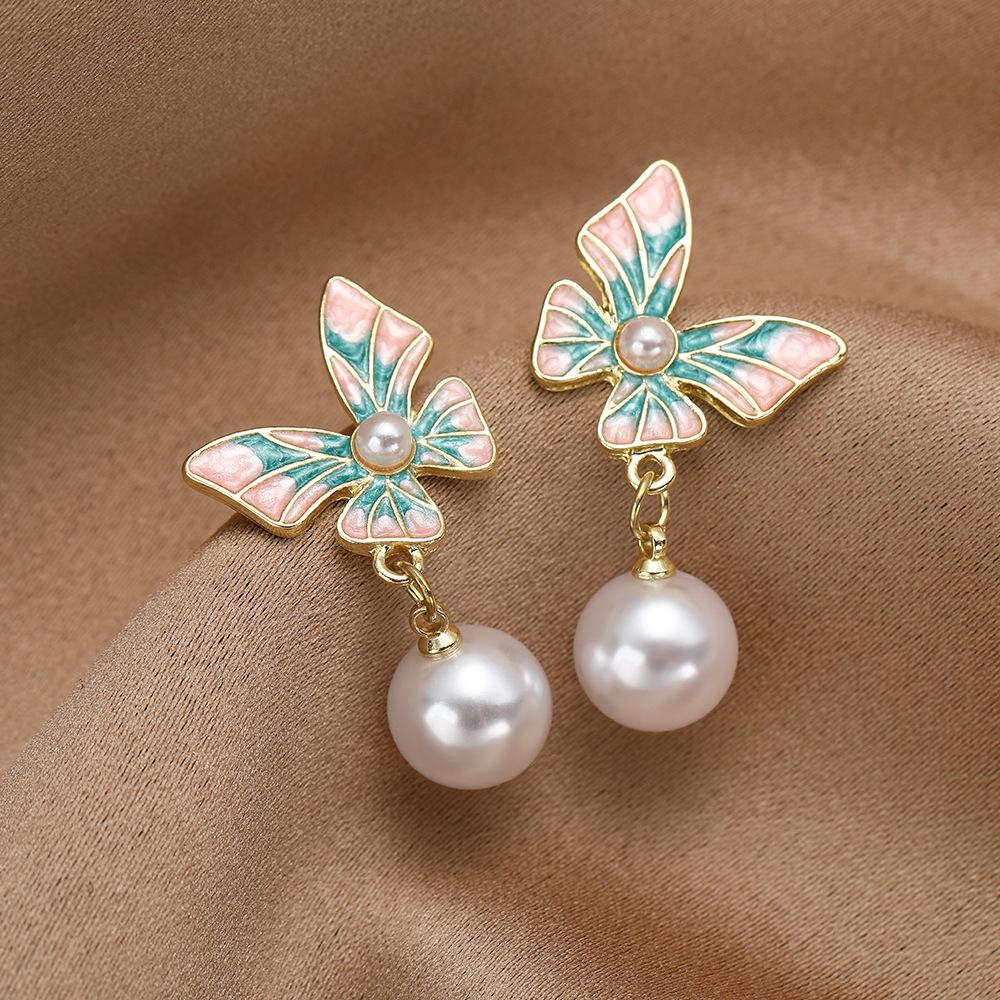 Enamel Oil Painting Gradual Change Flower Earrings Women'S Retro French Temperament Pearl Earrings Light Luxury Niche Versatile Ear Jewelry
