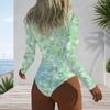 Women Plus Size Long Sleeve High Neck Zipper Floral Print One Piece Swimsuit White Blue Yellow