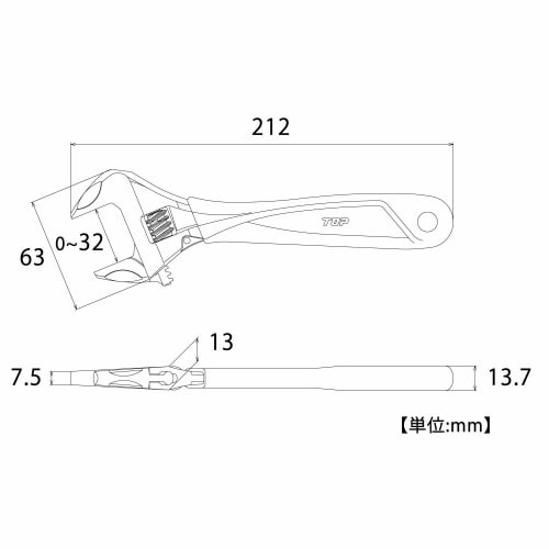TOP Industrial (TOP) Zero-Backlash Adjustable Wrench, Work Wide, Opening 0-32mm, Black Grip, HM-32MGBK, Made In Tsubame-Sanjo, Japan