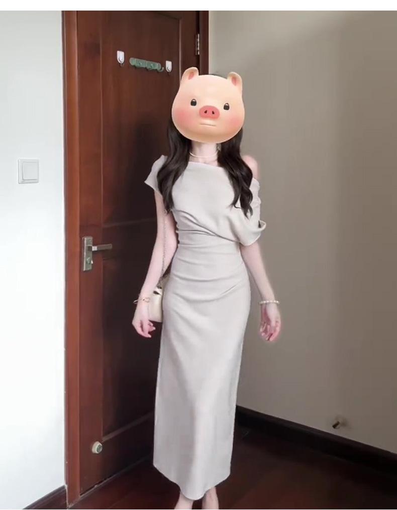 Stunning Apricot Off-Shoulder Bodycon Summer Dress - Women's Elegant Diagonal One-Shoulder Evening Gown