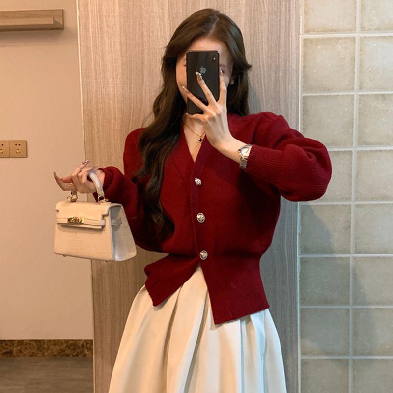 

Маленький французский ароматный кардиган, женский свитер с аурой и v-образным вырезом, куртка с длинными рукавами, элитный свитер с чувством талии, женский топ One Size красный