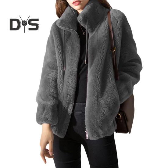 

Осенне-зимний женский кардиган, пальто, двусторонний меховой плюш, застежка-молния, воротник-стойка, длинные рукава, утолщенный однотонный коралловый флис, трикотажная куртка M серый