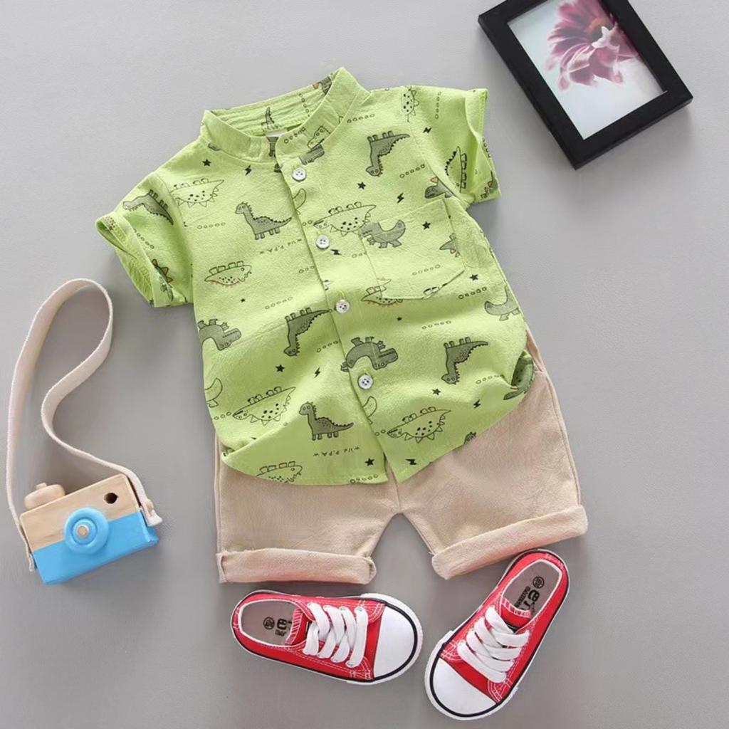 Summer Printed Pyramid Shirt Short Sleeved Shorts Set for Male and Female Infants and Young Children