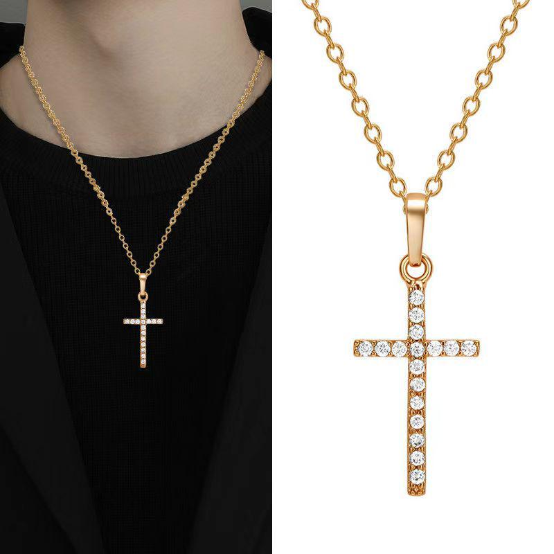 European & American Rhinestone Cross Pendant Necklace - Exquisite Hip-Hop Clavicle Chain