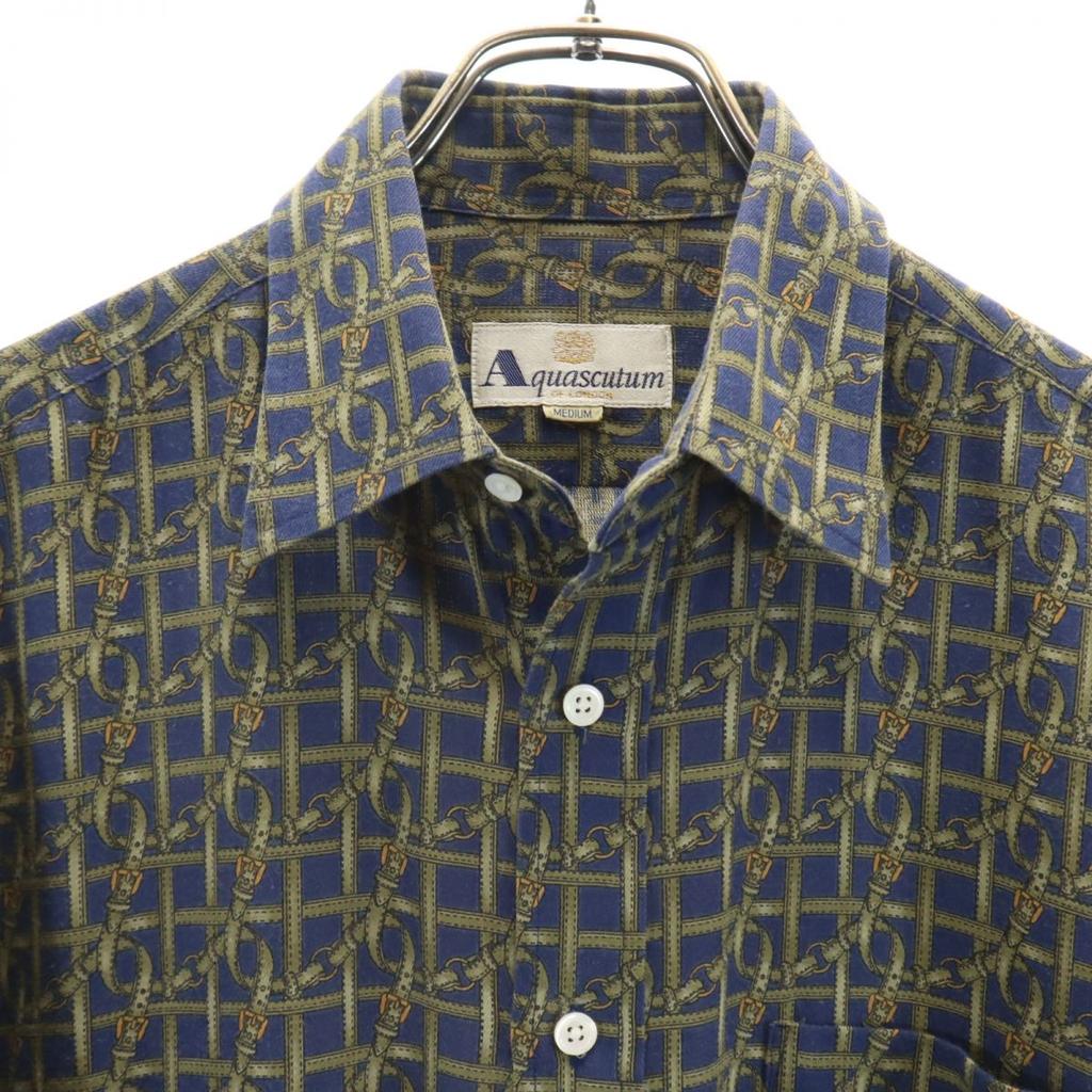 Aquascutum made in Japan Overall handle Long sleeve shirt M Navy system Men's Used