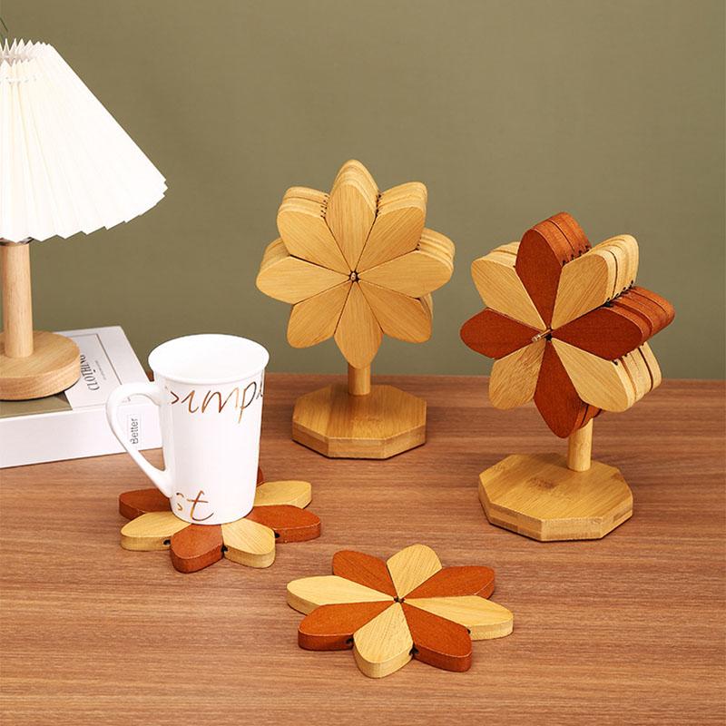 5PCS Windmill Design Stand Wooden  Decorative Anti Scald Heat Resistant Table Mat Coaster Wood Placemats Pot