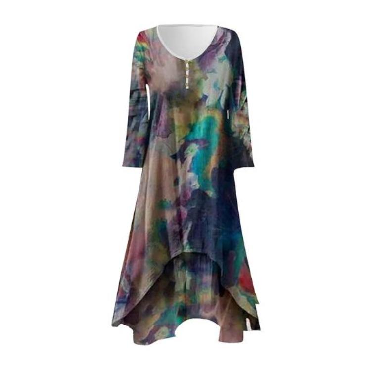 Sommer Blumen Boho Kleid für Damen Maxi Langarm V-Ausschnitt Lagenlook A-Linie Unregelmäßiger Saum Große Größen Fließendes Kleid