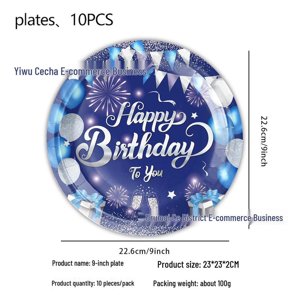 Blue & Silver Birthday Party Tableware Set - Includes Plates, Cups, Tablecloth