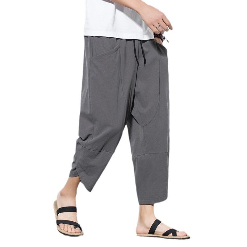 Letní pánské bavlněné lněné harémové kalhoty v čínském stylu Pánské retro streetwear plážové šortky Pánské ležérní kalhoty ke lýtkům M-5XL