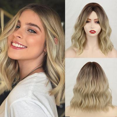 Women Shoulder Length Wavy Bob Wig with Natural Bangs Synthetic Fiber Ombre Blonde Color Daily Wear Wavy Wig