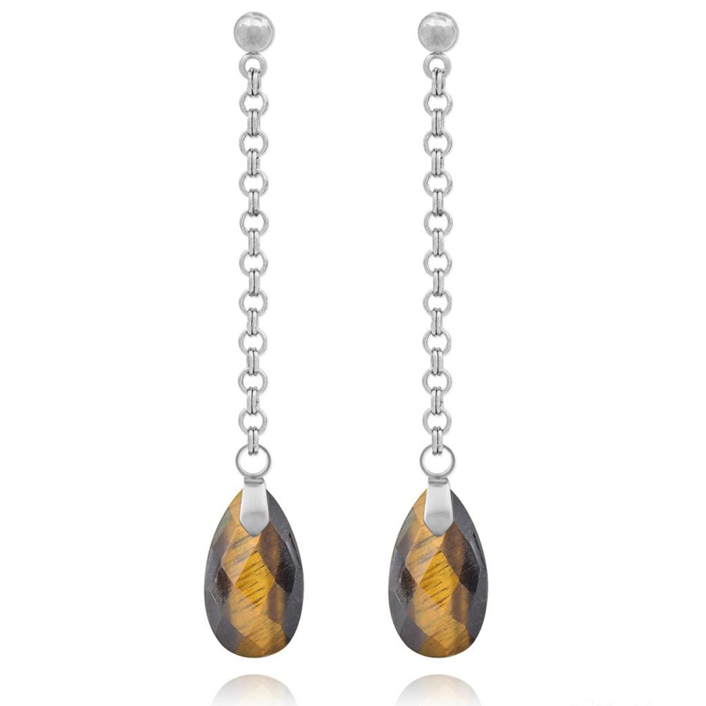 Les Trésors De Lily [R5939] - Boucles d'oreilles acier artisanales 'Mineralia' oeil de tigre argenté - 55x9 mm