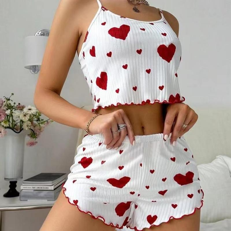 2 Pcs Set Summer Love Print Sweet Pajamas Suit for Women Suspenders Shorts Pure Desire Pajamas for Women