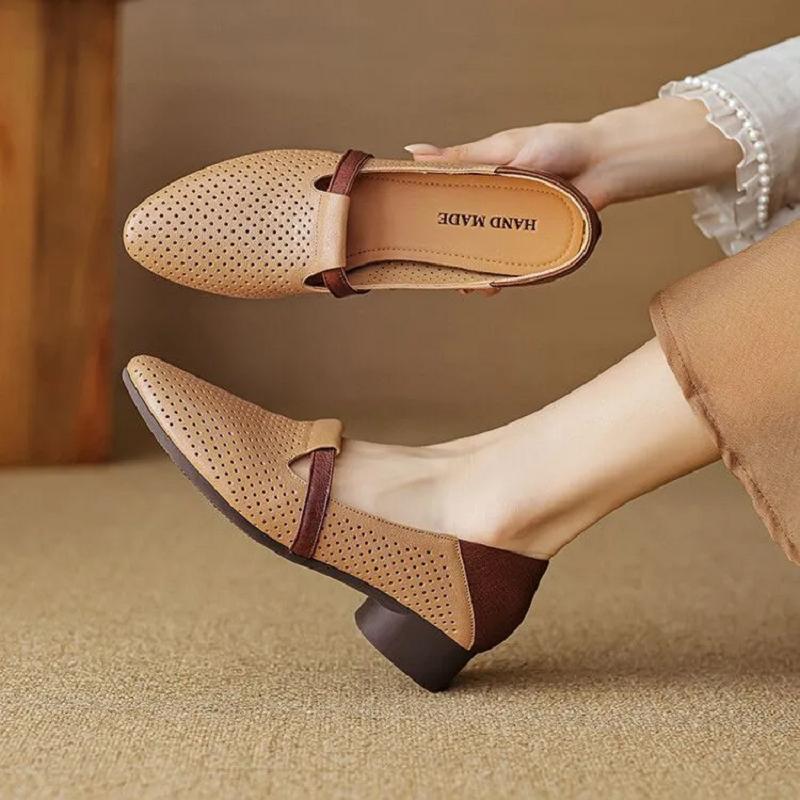 women cute pointed toe hollow out breathable spring slip on square heel shoes for office lady casual work pumps ab557