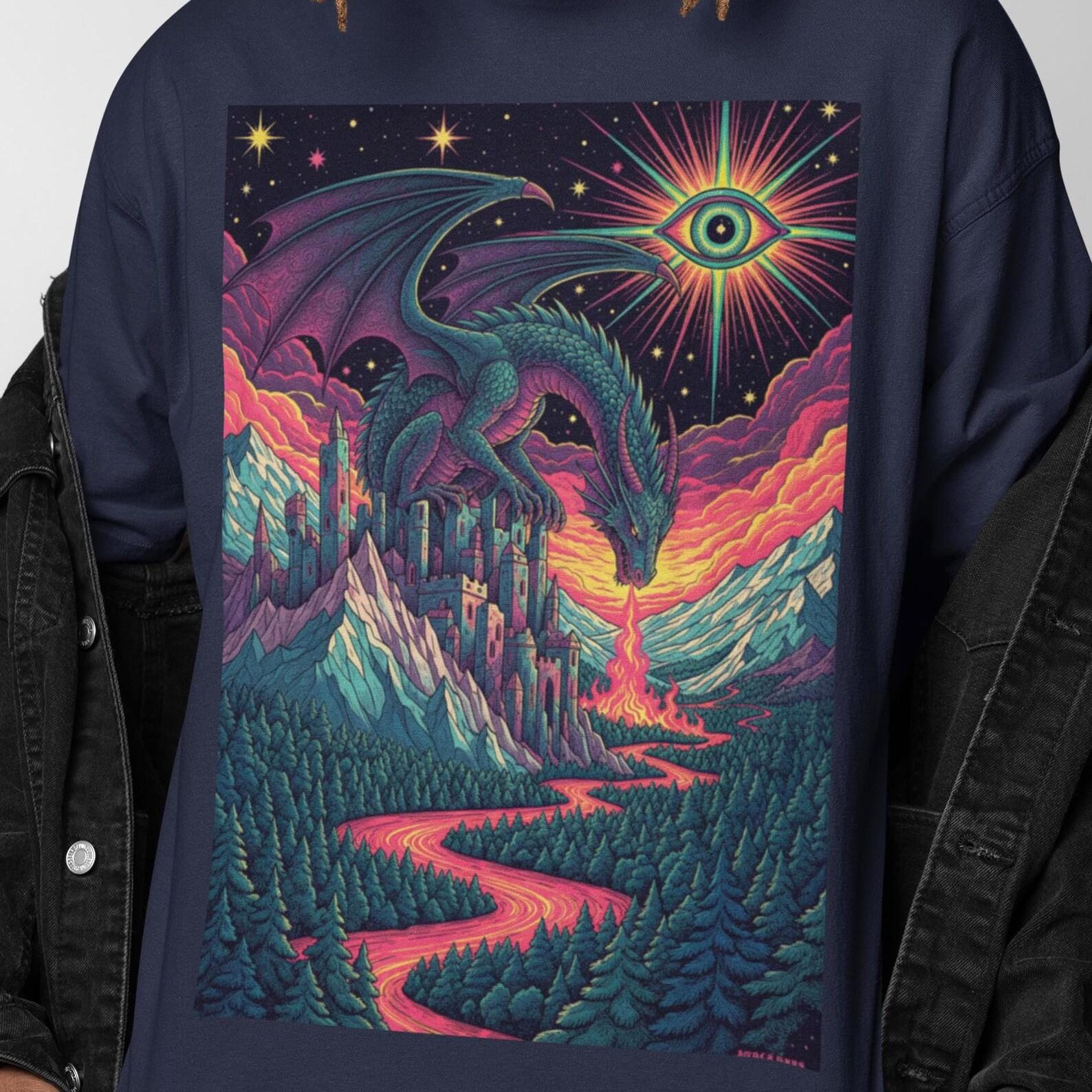 Fire Dragon Surreal Shirt | Psychedelic Dragon Graphic Tee | Trippy Medieval Fantasy Art | Cosmic Dragon Design | Fantasy Gift Present S