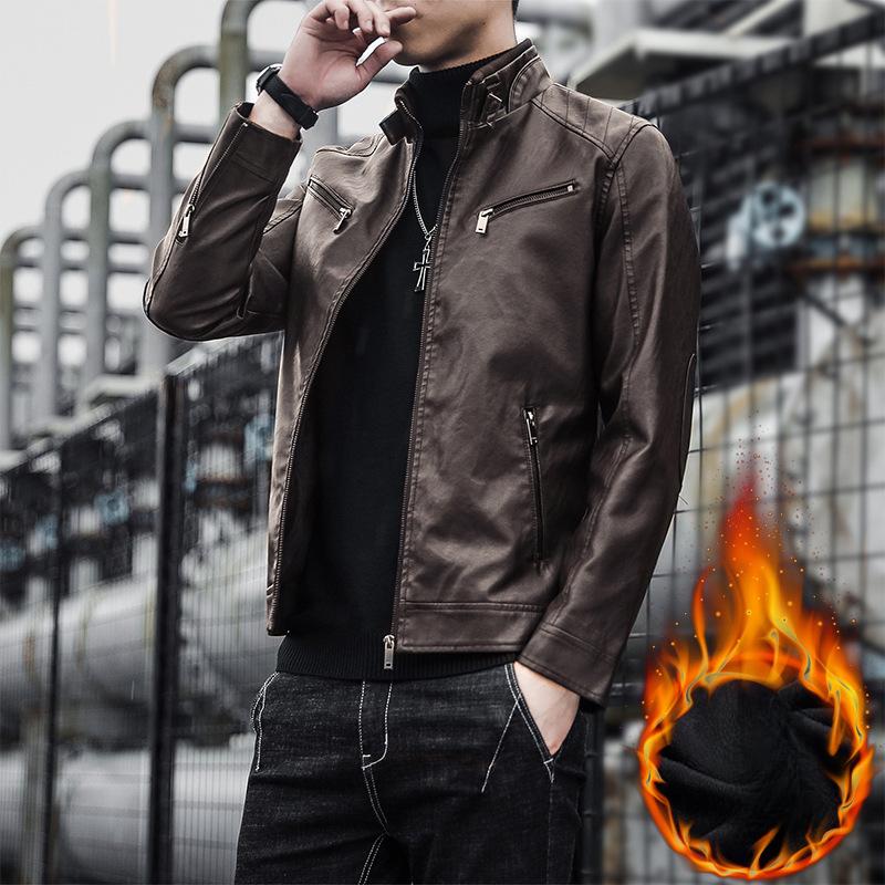 Men's Stand Collar Leather Jacket Autumn and Winter New Tops Men's Velvet Thickened Work Jacket