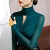 Turtleneck Long Sleeve Cross Knot Hollow Out Bottoming Blouse Spring Autumn Elastic Mesh Yarn Yoga Top