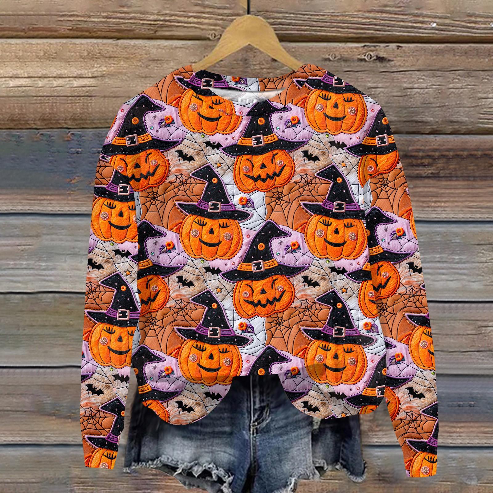 

Женский Хэллоуин с принтом, круглым вырезом и длинными рукавами, свободный крой, повседневный топ с длинными рукавами и длинными рукавами M оранжевый