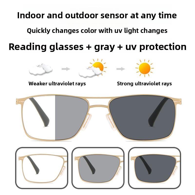 Retro Double Beam Metal Photochromic Reading Glasses Vintage HD Anti Blue Light Ultra Light Men's Business Presbyopia Glasses