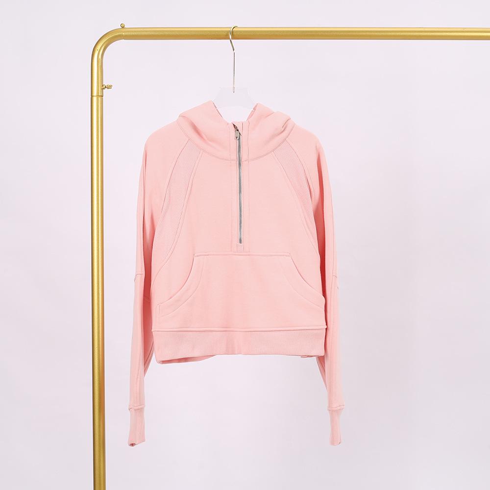 LULU Women's Hooded Half-Zip Terry Cloth Sweatshirt with Gold Logo & Zipper, Plus Velvet Yoga Wear