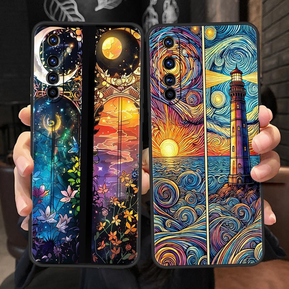 Beautiful Sun Moon Glass Case For Realme C67 C63 C55 C53 C35 C25 C21 GT 2 3 5 6 10 11 12 13 Pro Plus 5G Soft TPU Phone Cover Bag
