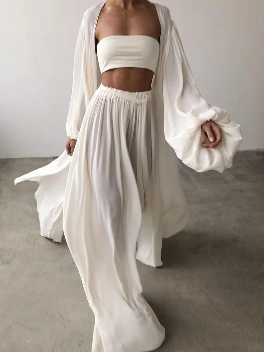 

Spring Summer Women s 3pcs Suit Sexy Puff Sleeve Jacket Ladies Temperamental Commute Wide Leg Trousers Fashion Sets 2025 New S белый