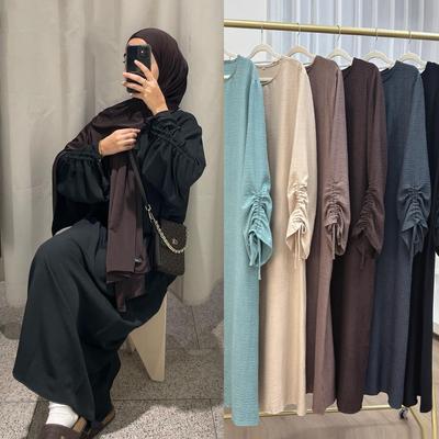 Saudi Arabia Muslim Women Modest Dress Eid Dubai Plain Abaya Islamic Holiday Party Solid Turkey Lace Up Cuffs Long Clothes