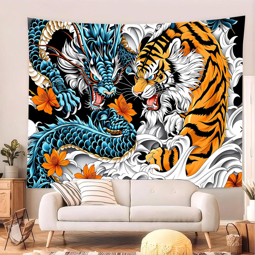 1Pc Dragon And Tiger Fight Printed Tapestry Living Room Background Wall Art Decoration Multi Size Space Pendant