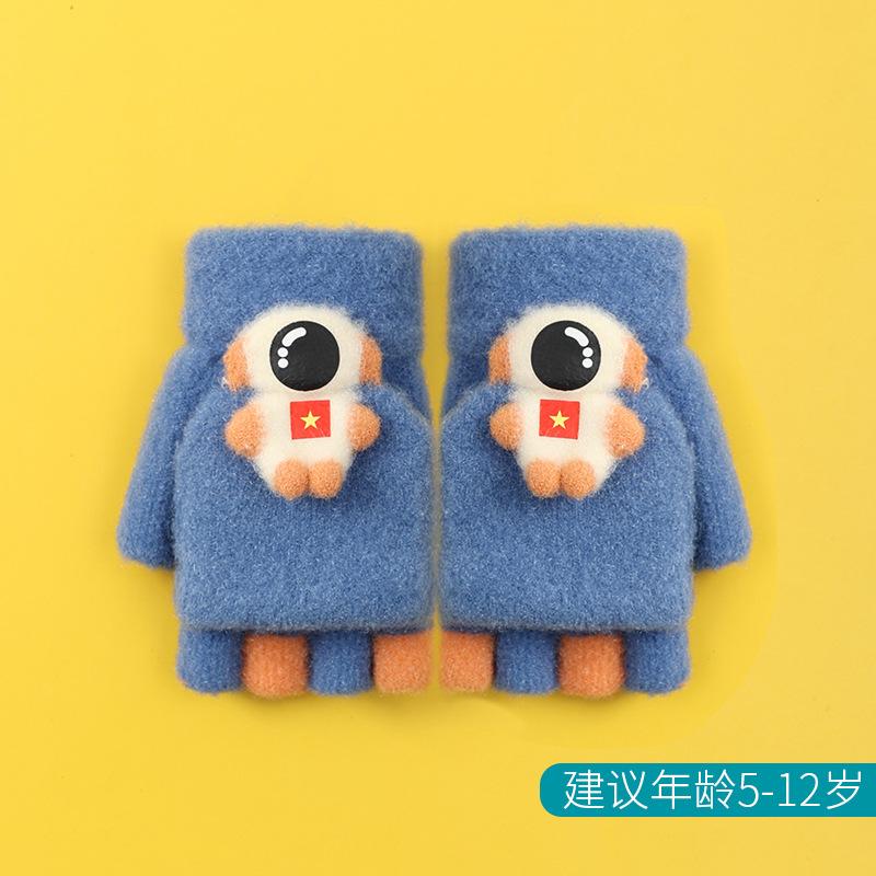 Xuehuaxiu Children's Gloves Cute Cartoon Astronaut Half Finger Flip Student Warm Knitted Gloves Wholesale