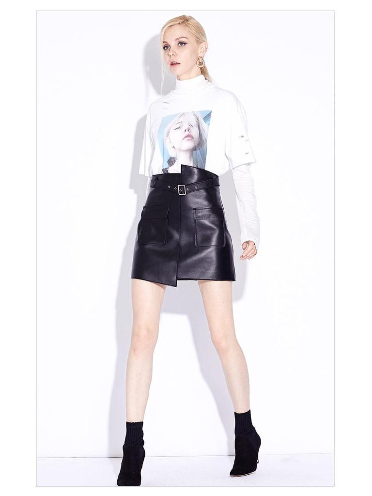 Spring Women's High Waist Genuine Sheepskin Leather A-line Shorts