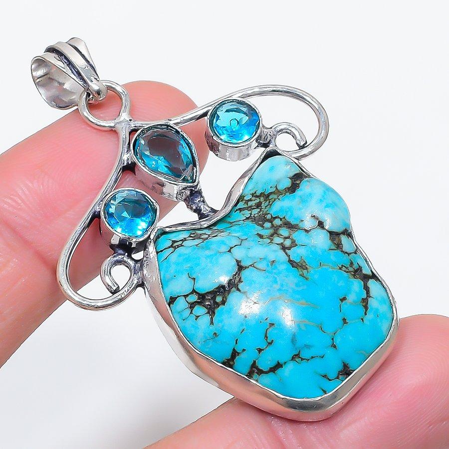 

Natural Tibetan Turquoise, Topaz 925 Sterling Silver Jewelry Pendant 2.29 r7T14